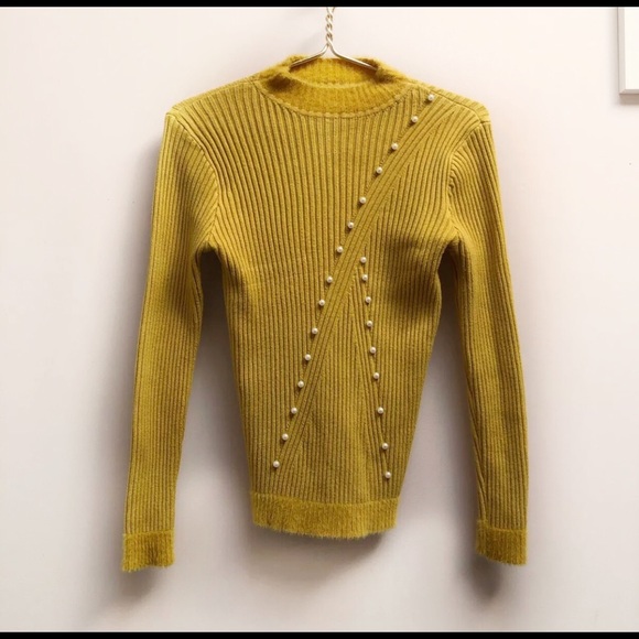 Vintage ribbed sweater angora mustard yellow pearl - Picture 6 of 10